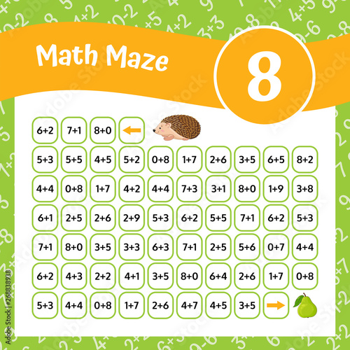 Math Maze Addition Worksheet. Educational Game. Mathematical Puzzle. Vector illustration.