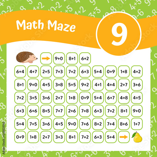 Math Maze Addition Worksheet. Educational Game. Mathematical Puzzle. Vector illustration.