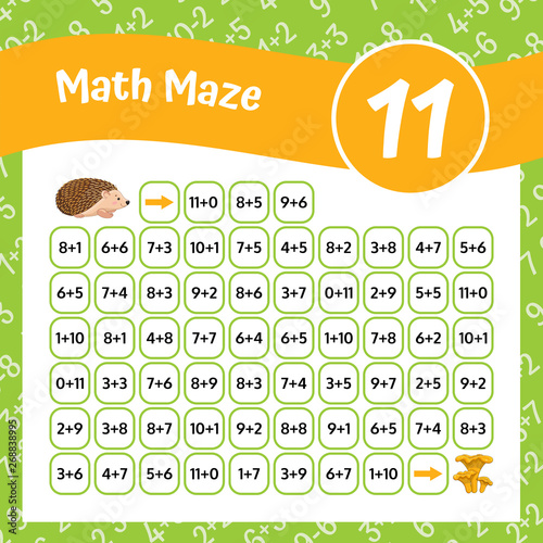 Math Maze Addition Worksheet. Educational Game. Mathematical Puzzle. Vector illustration.