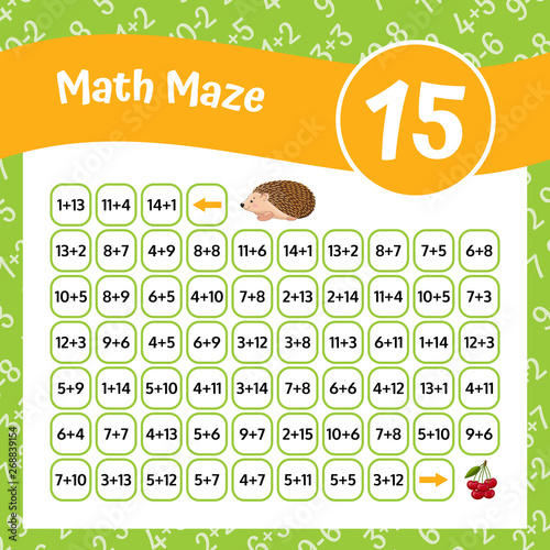 Math Maze Addition Worksheet. Educational Game. Mathematical Puzzle. Vector illustration.