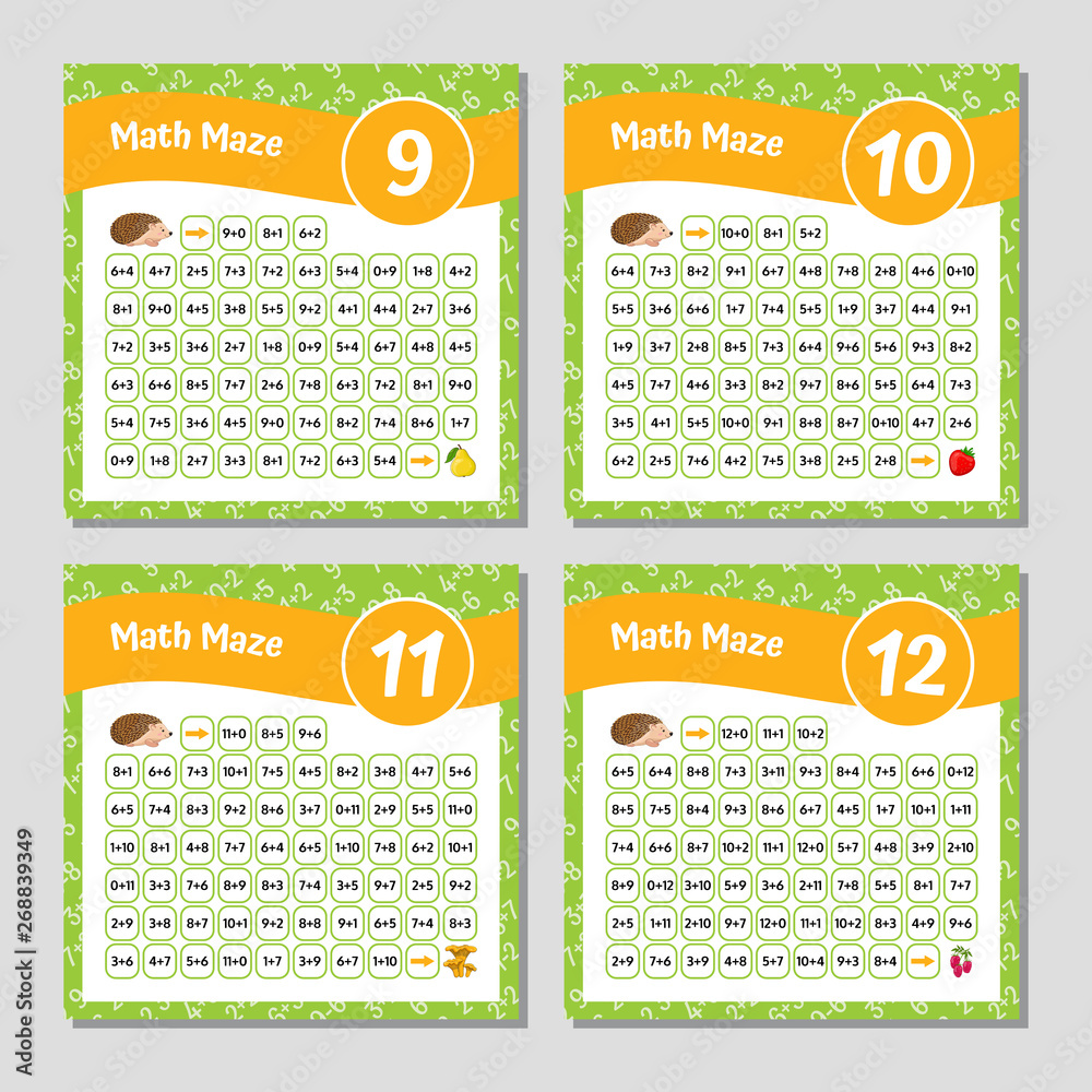 Naklejka premium Math Maze Addition Worksheet. Educational Game. Mathematical Puzzle. Vector illustration.