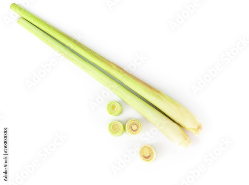 Top view lemon grass with slice isolated on white background  herb and medical concept