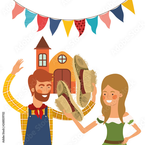 farmers couple talking with background houses