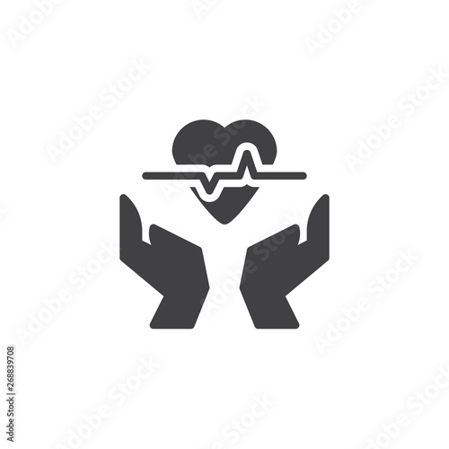 Hands and heart with heartbeat pulse vector icon. filled flat sign for mobile concept and web design. Heart care glyph icon. Health insurance symbol, logo illustration. Pixel perfect vector graphics