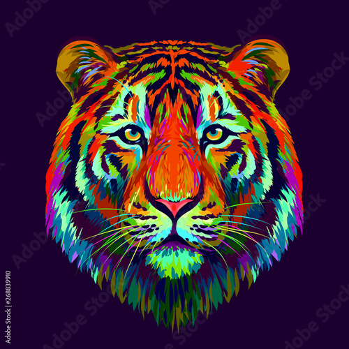 Abstract, multi-colored, hand-drawn portrait of a tiger looking ahead on a purple background.