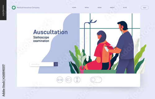 Medical tests template - auscultation - modern flat vector concept digital illustration of stethoscope examination procedure - patient and doctor carrying out procedure, medical office or laboratory