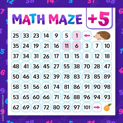 Math Maze Addition Worksheet Set. Educational Game. Mathematical Puzzle. Vector illustration.