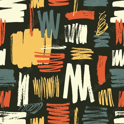 Cool seamless pattern with yellow, red, blue brushstrokes on black background...