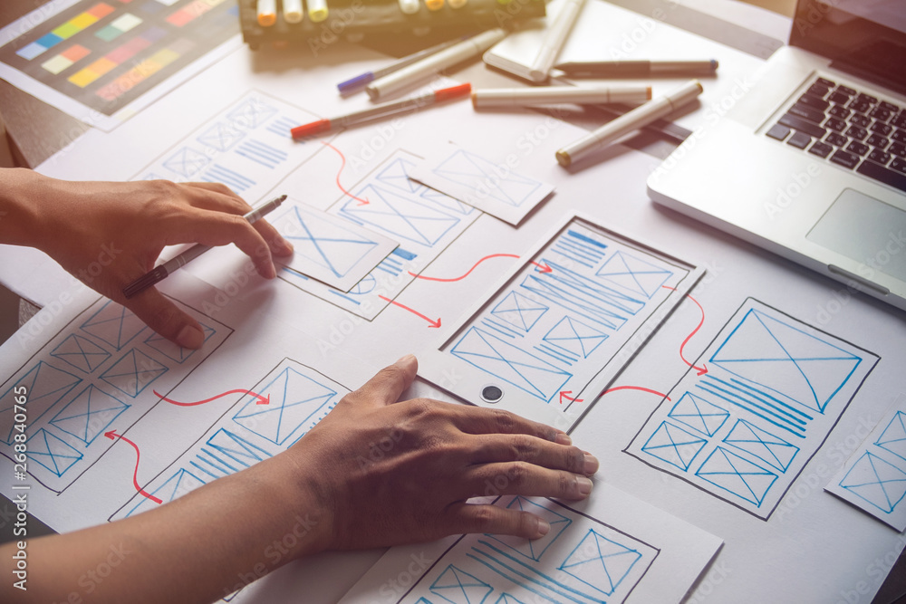 ux Graphic designer creative sketch planning application process development prototype wireframe for web mobile phone . User experience concept. ux Graphic designer creative sketch planning application process development prototype wireframe for web mobile phone . User experience concept.