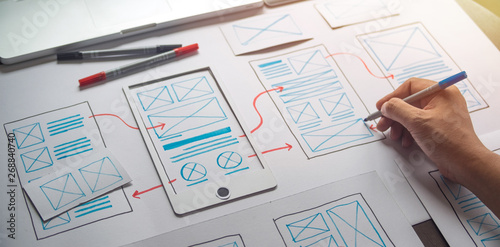 Obraz na płótnie ux Graphic designer creative sketch planning application process development prototype wireframe for web mobile phone . User experience concept.