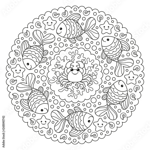 Coloring page mandala with a crab and a fish. Vector Illustration.