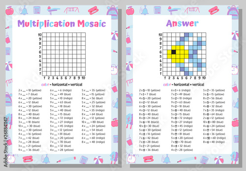 Multiplication Mosaic Math Puzzle Worksheet. Educational Game. Coloring Book Page Mathematical Game. Pixel Art. Vector illustration.