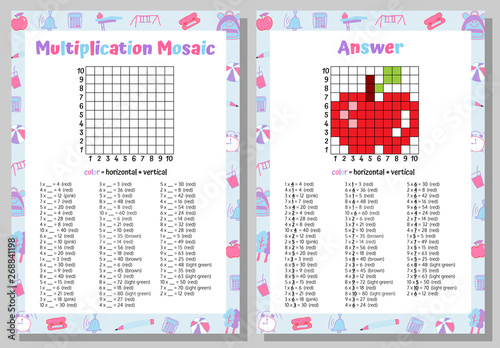 Multiplication Mosaic Math Puzzle Worksheet. Educational Game. Coloring Book Page Mathematical Game. Pixel Art. Vector illustration.