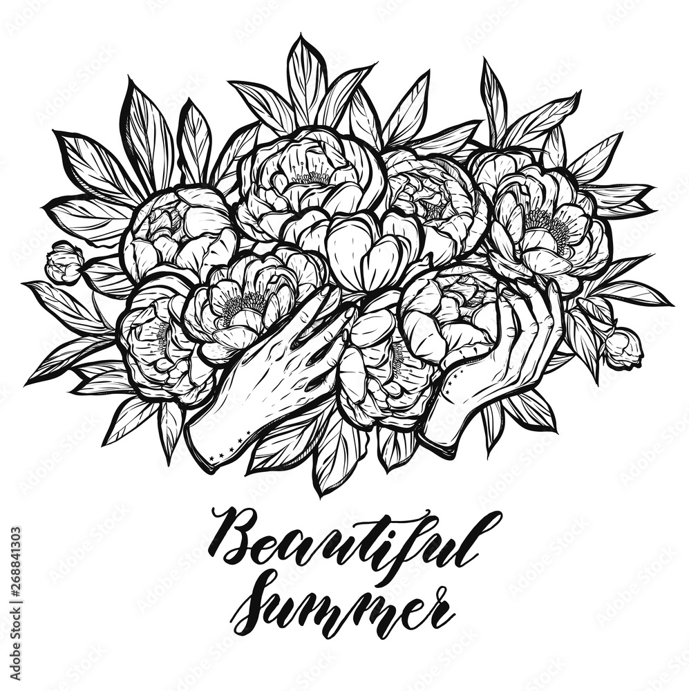 Vector illustration. Peonies bouquet in the hands. Handmade, background white, tattoos, prints on T-shirts