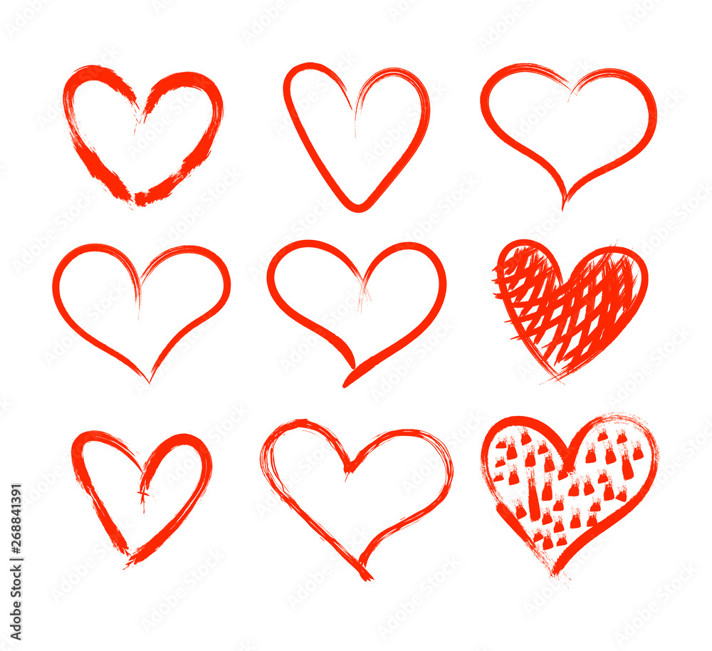 Vector Hand Drawn Red Hearts Collection Isolated on White Background, Freehand Painting.