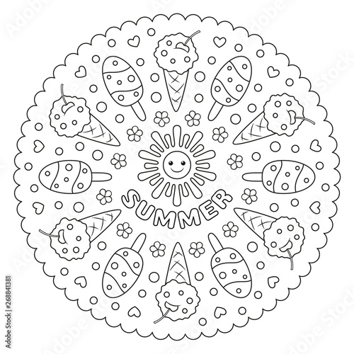Coloring page mandala for kids with summer ice cream. Vector Illustration.