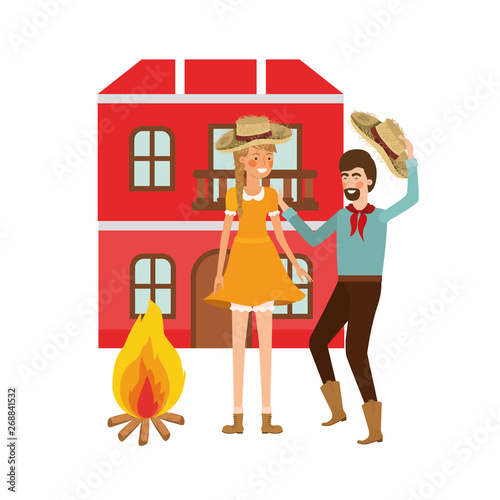 farmers couple dancing with background houses