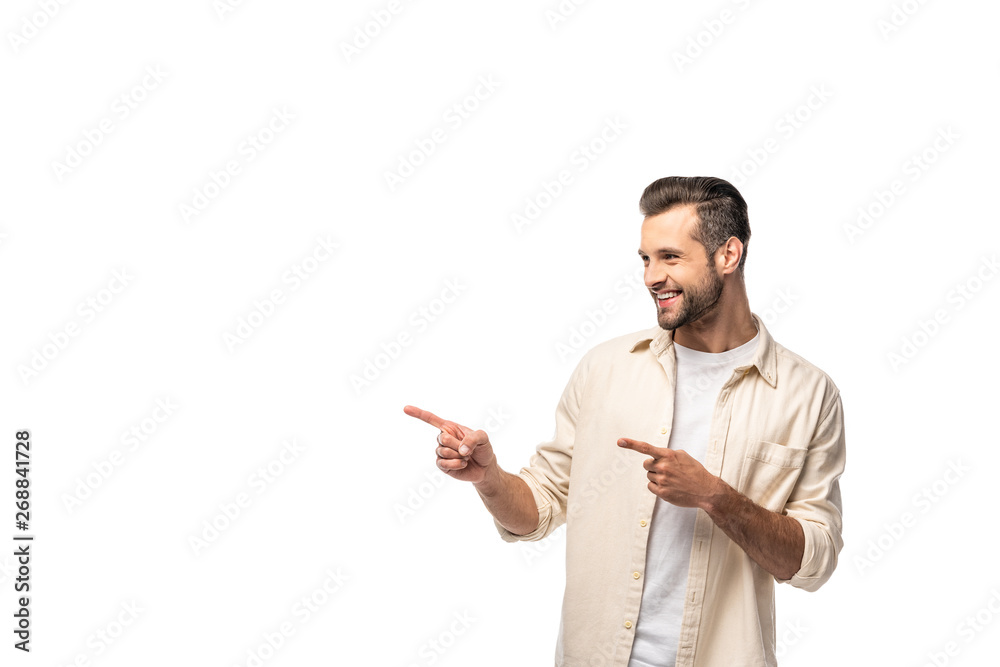 happy man pointing with fingers Isolated On White with copy space happy man pointing with fingers Isolated On White with copy space