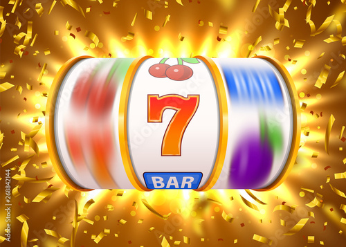 Golden slot machine with flying golden confetti wins the jackpot. Big win concept.