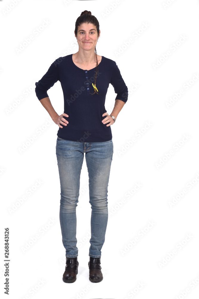 full portrait of a woman hands on hips on white background full portrait of a woman hands on hips on white background