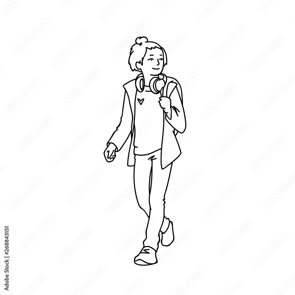 Cute teen girl with headphones and backpack taking a walk. Monochrome vector illustration of teenage girl in jacket, jeans and sneakers walking. Black lines isolated on white background.