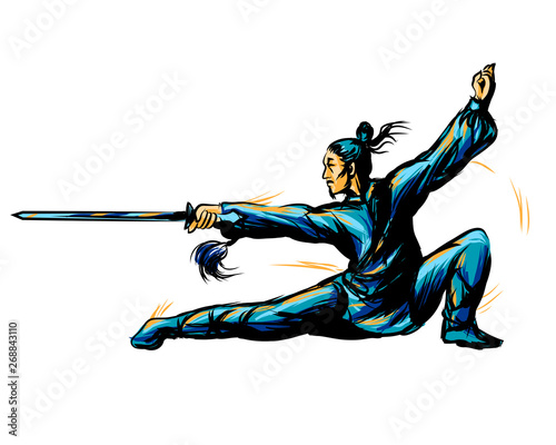 Master of wushu, Shaolin warrior in a blue kimono with a sword on training. Graphic color sketch on a white background.