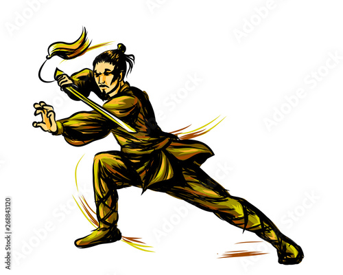 Master of wushu, Shaolin warrior in a brown kimono with a sword on training. Graphic color sketch on a white background.