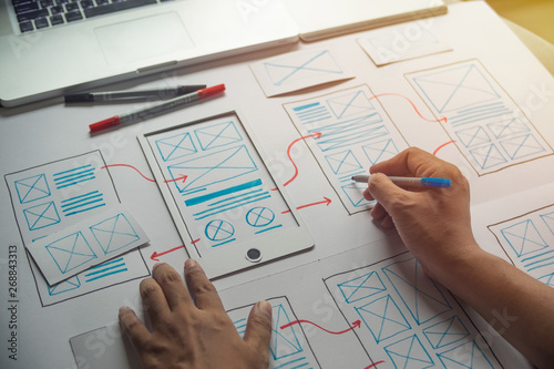 ux Graphic designer creative sketch planning application process development prototype wireframe for web mobile phone . User experience concept.