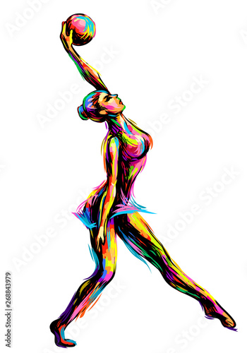 Abstract multi-colored sketch of a young girl with a ball engaged in sports art gymnastics.