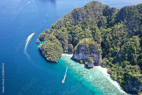 Aerial drone view of beautiful Phi Phi island with amazing lagoon sea, Thailand