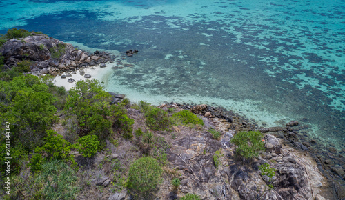 Aerial drone view part of rocky paradise Koh Kra island with lagoon sea in background, Thailand