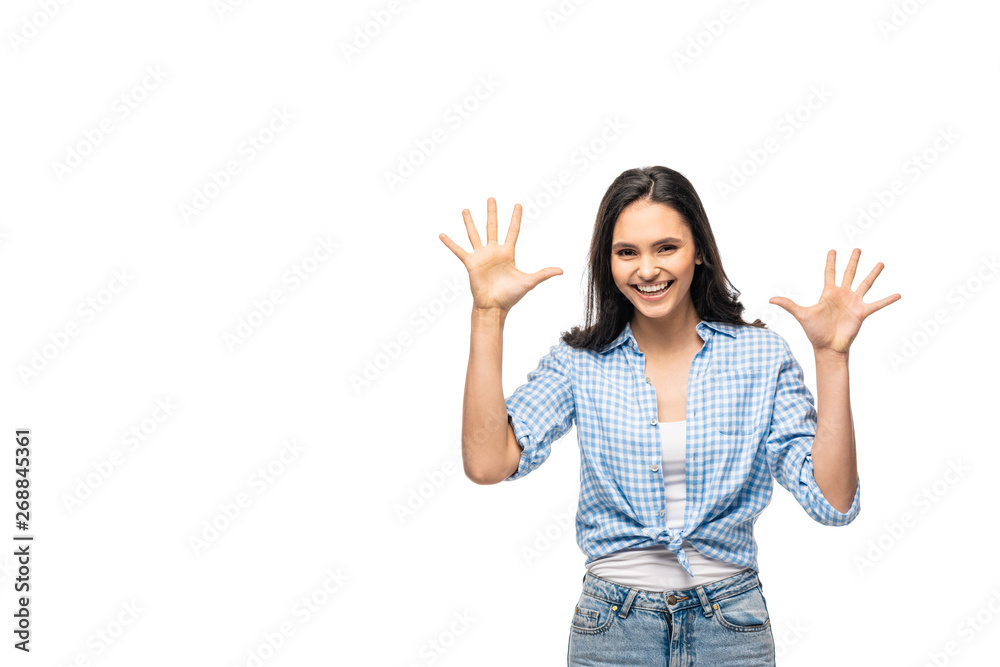 happy girl gesturing with open palms Isolated On White