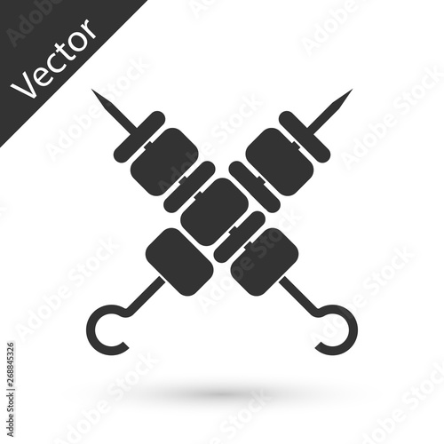 Grey Crossed grilled shish kebab on skewers stick icon isolated on white background. Meat kebab on skewers stick. Picnic with grill meat. Vector Illustration