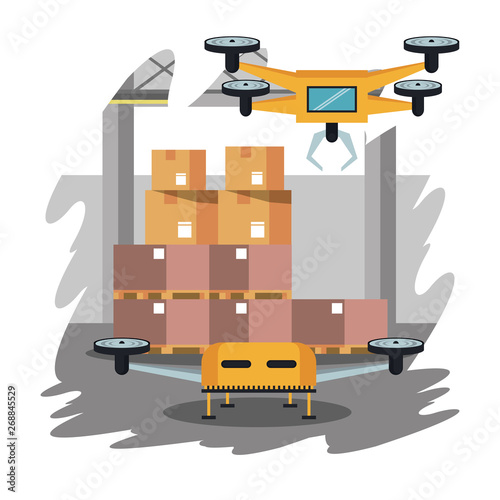 Drones in warehouse cartoon