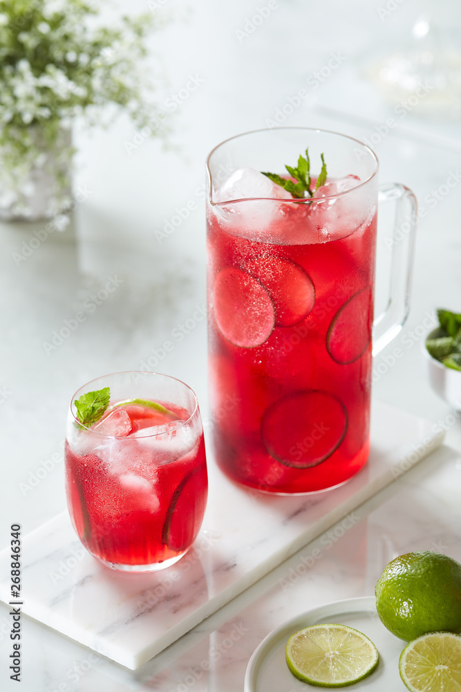 Delicious hibiscus water with lime and mint. Delicious hibiscus water with lime and mint.