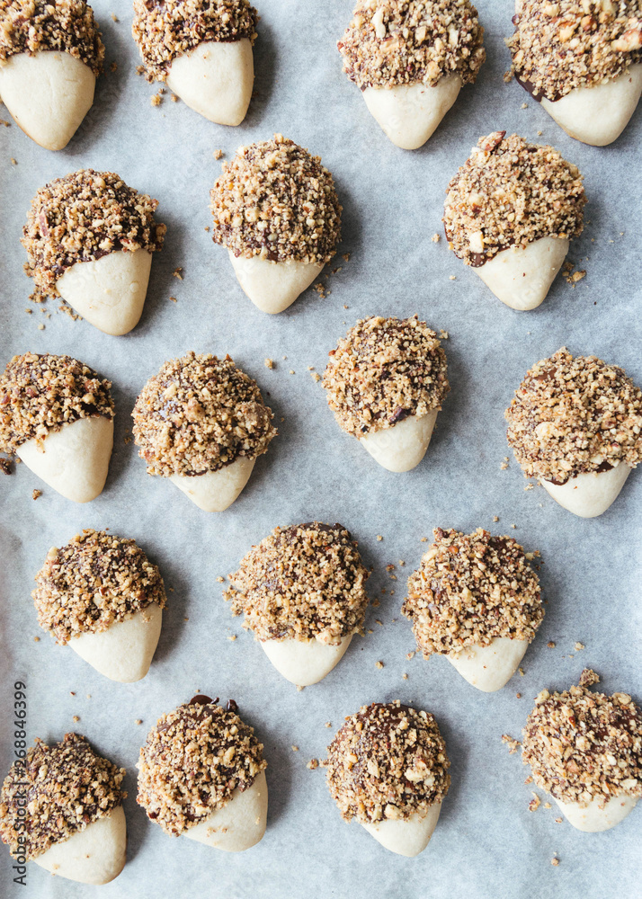 Baking process of pecan and dark chocolate covered hedgehog cookies