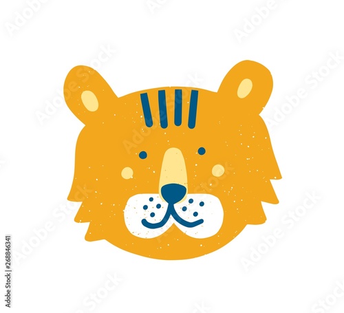 Cute funny tiger face or head. Adorable cartoon muzzle of exotic animal or pr...