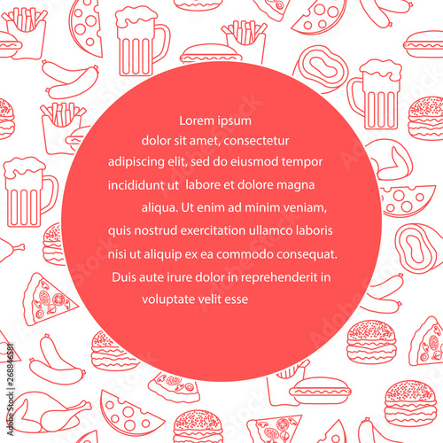 Beer, different types of food and fast food.