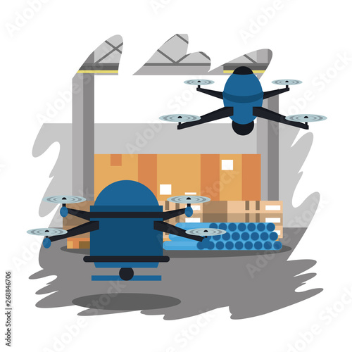 Drones in warehouse cartoon