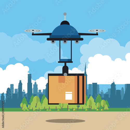 Drone delivering box at city