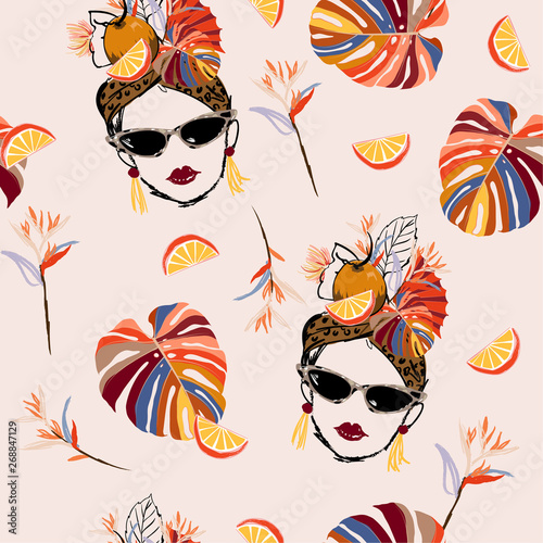 Hand drawn and sketch tropical havana women summer vibes with fresh fruit seamless pattern in vector design for fashion,fabric,web,wallpaper and all prints