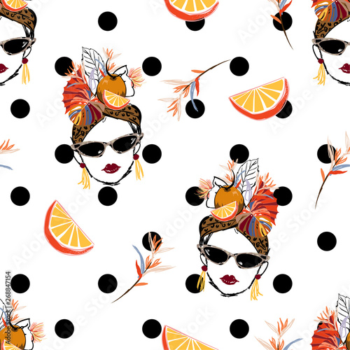 Beautiful hand sketch tropical havana women summer vibes with fresh fruit seamless pattern in vector on modern polka dots design for fashion,fabric,web,wallpaper and all prints