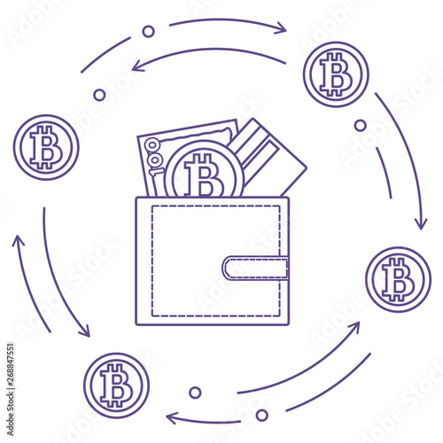 Purse with banknote, credit card and bitcoin.
