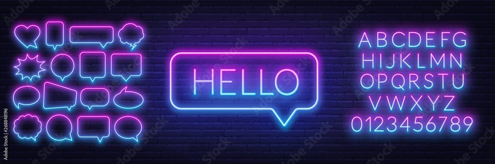 Neon sign of word hello in speech bubble frame on dark background.Set of neon speech bubbles and the alphabet on a dark background. Template for design.