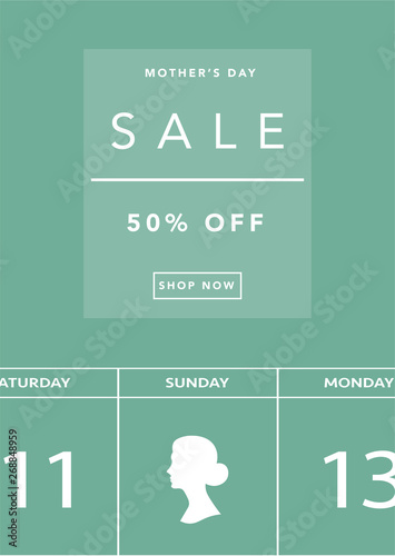 Mother's Day sale poster. Calendar with mother silhouette on green background. Vector illustration for shopping mall. Discount and special offer sale poster.