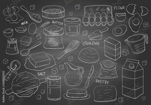 Set of hand drawn elements for cooking pastry on chalkboard.