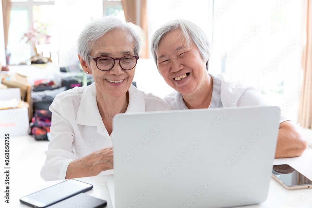 Happy two senior asian woman,sisters or friends talking and enjoying using laptop computer together at home,smiling elderly people and her friendship holding each other,technology and friend concept Happy two senior asian woman,sisters or friends talking and enjoying using laptop computer together at home,smiling elderly people and her friendship holding each other,technology and friend concept