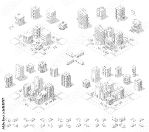 City isometric set. Cityscape infrastructure quarter. Town houses and streets with cars. Urban low poly. Gray lines outline contour style. photo