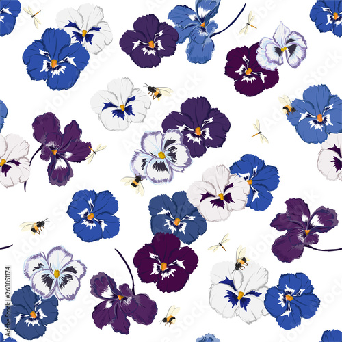 Trendy Seamless pattern in vector pansy flower  with dragonfly and bumble bess ,Design for fashion,fabric,web,wallpaper,and all prints