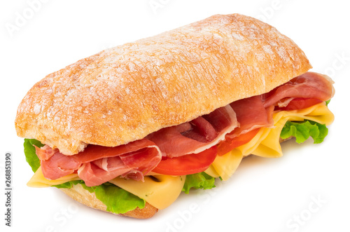 Ciabatta sandwich with lettuce, tomatoes prosciutto and cheese isolated on white background